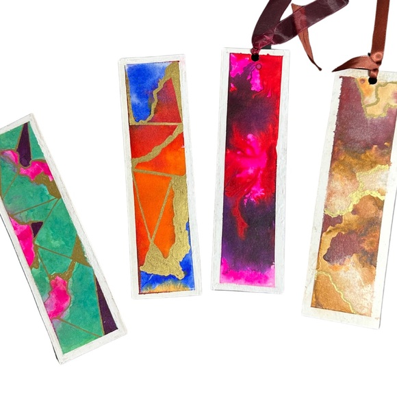 Set of 4  Bookmarks Vibrant Hand Painted Original Watercolor Abstract Design - Picture 5 of 7